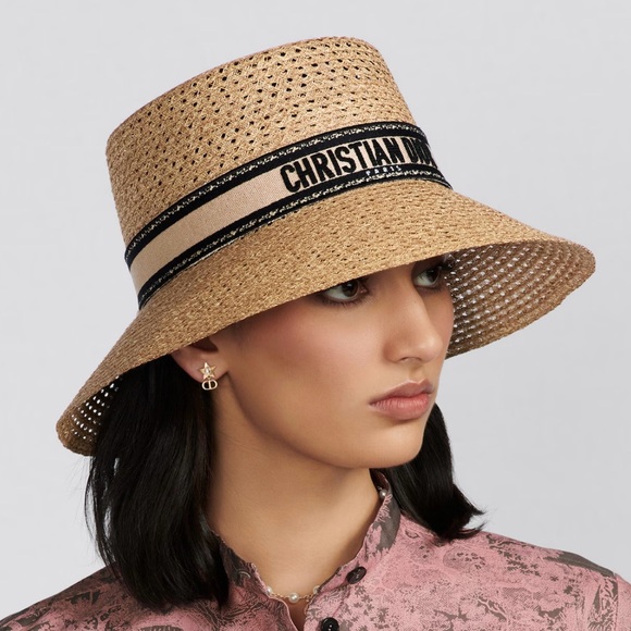 Dior D-Bobby Large Brim Hat Size 56 Straw with Blue and White Embroidered Band - Picture 1 of 7